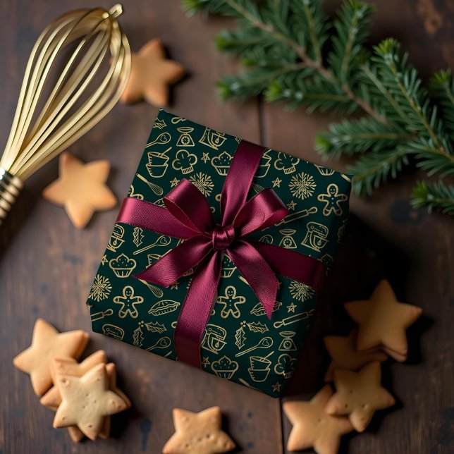 Papel De Presente Padrão Dourado e verde de Natal (Shimmering Gold & Green Christmas Baking Pattern Wrapping Paper)