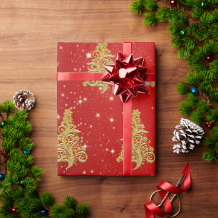 Papel De Presente Padrão Dourado e vermelho da árvore de Natal Ele