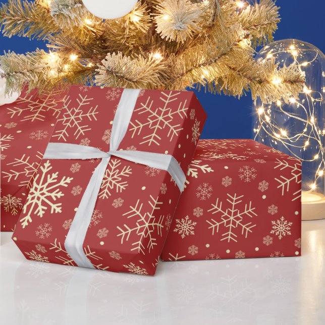 Papel De Presente Padrão Dourado e vermelho do floco de neve de Nata (Feriados)