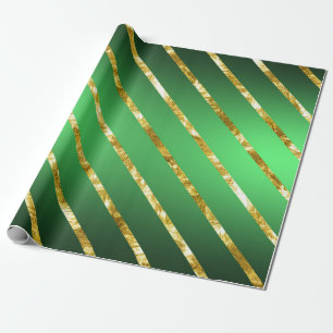 Papel De Presente Padrão Dourado Elegante de faixas diagonais verde