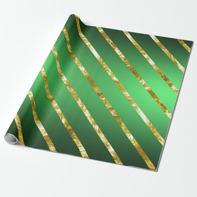 Papel De Presente Padrão Dourado Elegante de faixas diagonais verdes (Desenrolado)