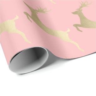 Papel De Presente Padrão Dourado elegante de Reindeer de Natal Rosa