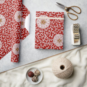 Papel De Presente Padrão Dourado Floral Vermelho Chinês Elegante