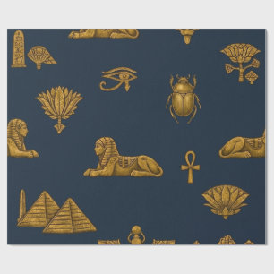 Papel De Presente Padrão Egípcio Minimalista Azul-Marinho e Dourado 