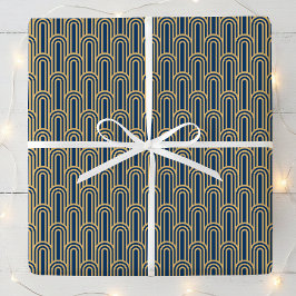 Papel De Presente Padrão Elegante Art Déco Arcos Azul Marinho Dourad