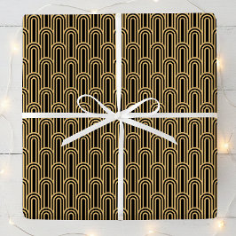 Papel De Presente Padrão Elegante Art Déco Arcos Preto Dourado Chic