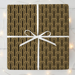 Papel De Presente Padrão Elegante Art Déco Arcos Preto Dourado Chic
