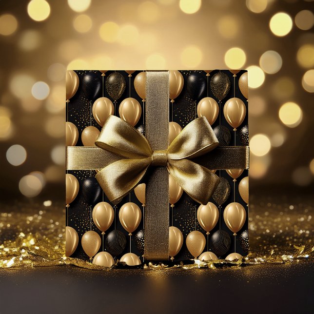 Papel De Presente Padrão Elegante Black Glitter Balloons A023 (Elegant and Festive Black and Faux Gold Glitter Balloons Pattern A023 Wrapping Paper )