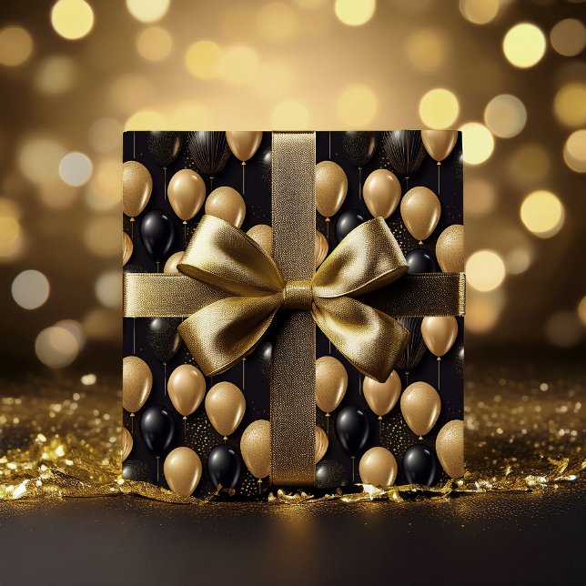 Papel De Presente Padrão Elegante Black Glitter Balloons A025 (Elegant and Festive Black and Faux Gold Glitter Balloons Pattern A025 Wrapping Paper)