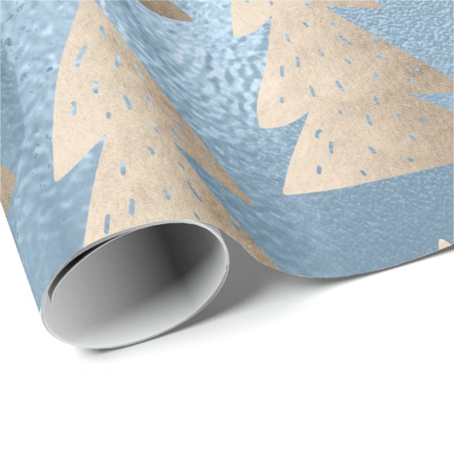 Papel De Presente Padrão elegante de árvore de Natal azul-de-ouro (Ponta do rolo)