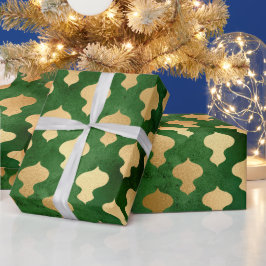 Papel De Presente Padrão Elegante de Enfeites de natal de ouro verde
