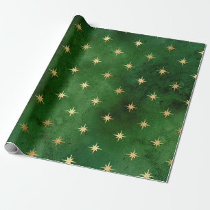 Papel De Presente Padrão elegante de estrelas de Natal verde e dour
