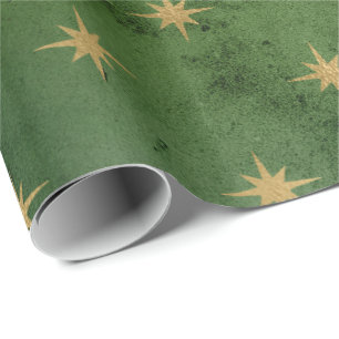 Papel De Presente Padrão elegante de estrelas de Natal verde e dour