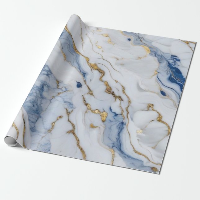 Papel De Presente Padrão elegante de granito branco de ouro azul (Desenrolado)