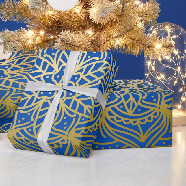 Papel De Presente Padrão Elegante de Mandala Dourada e Azul (Feriados)