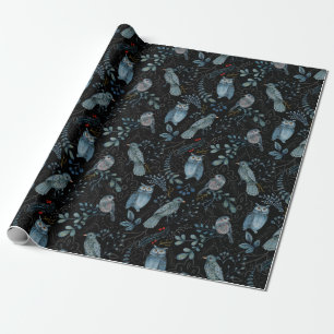 Papel De Presente Padrão Elegante de Pássaros Azuis, Plantas no Escu