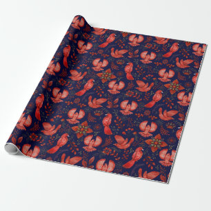 Papel De Presente Padrão Elegante de Pássaros Vermelhos, Plantas no