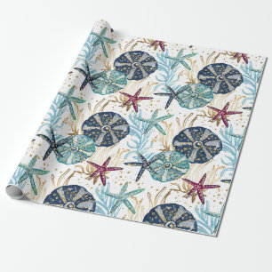 Papel De Presente Padrão Elegante de Tesouros Azuis e Dourados do Oc