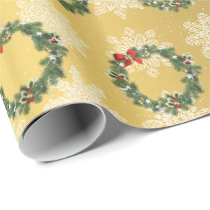 Papel De Presente Padrão Elegante Dourado de Fio de Natal e Floco d