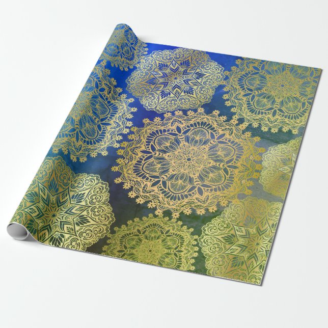Papel De Presente Padrão Elegante Dourado de Mandala Verde Azul (Desenrolado)