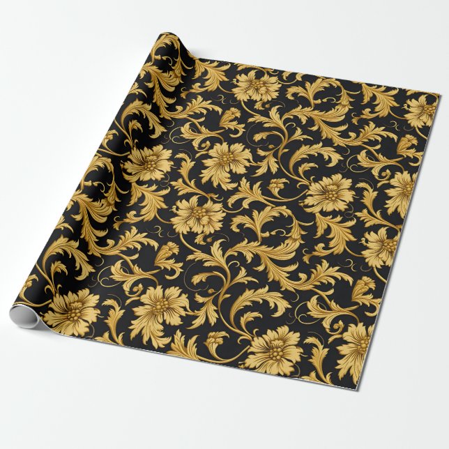 Papel De Presente Padrão Elegante Dourado Negro (Desenrolado)