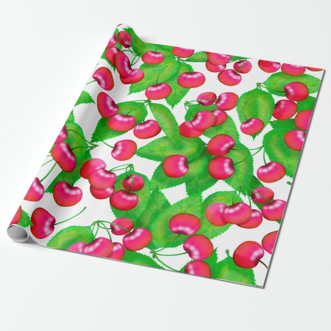 Papel De Presente Padrão Elegante Red Cherries e Green Leaves | (Desenrolado)