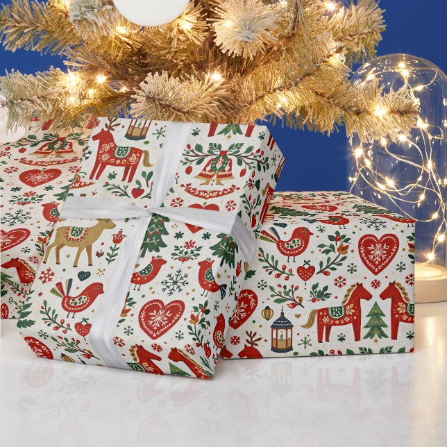 Papel De Presente Padrão Escandinavo de Natal Vermelho e Verde Folcl (Feriados)