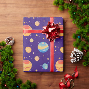 Papel De Presente Padrão Espacial Colorido com Planetas, Estrelas