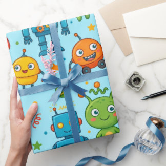 Papel De Presente Padrão Espacial de Alienígenas e Robôs Fofos