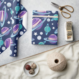 Papel De Presente Padrão Espacial, Planetas, Estrelas, Galáxias, Cos