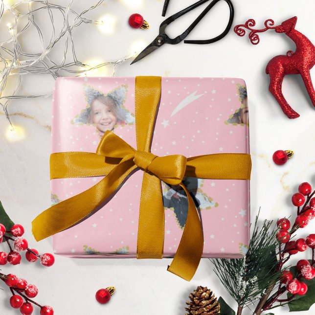 Papel De Presente Padrão Estelar Fofo Foto de Natal Personalizada (Criador carregado)