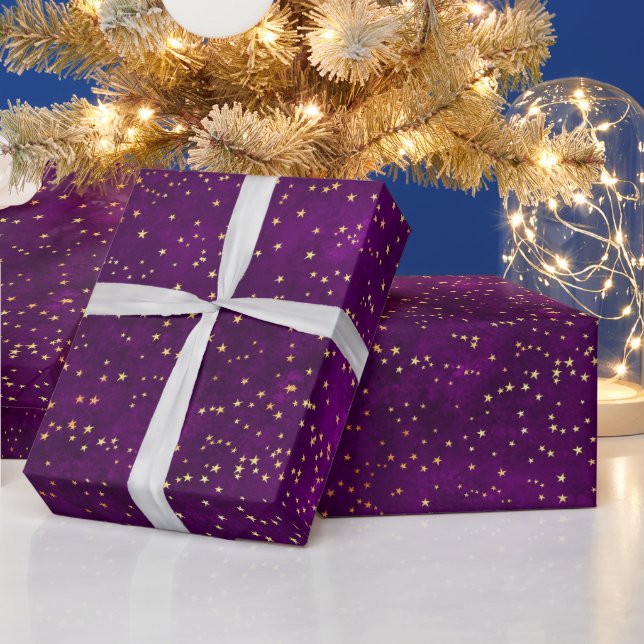 Papel De Presente Padrão Estelar Noturno Roxo e Amarelo Celestial (Feriados)