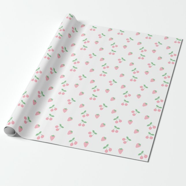 Papel De Presente Padrão estético de morango rosa bonito (Desenrolado)