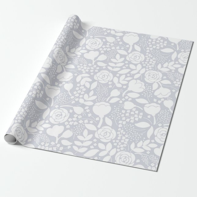 Papel De Presente Padrão estilizado de rosas e flores branco e cinza (Desenrolado)