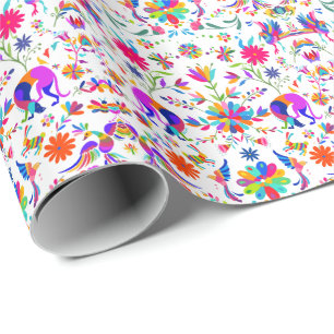 Papel De Presente Padrão estilo Otomi com Weims, Coelhos e Pássaros