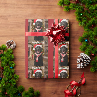 Papel De Presente Padrão Feliz Natal com Pegada de Pata de Lab Preto
