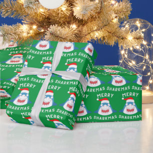 Papel De Presente Padrão Feliz Tubarão Natalino Funny Santa Tubarão