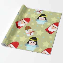 Papel De Presente padrão festivo com anjos, Papais noeis e boneco de
