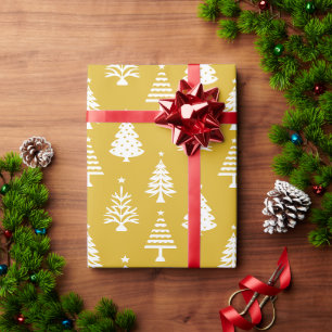 Papel De Presente Padrão Festivo de Árvore de Natal Amarelo e Branco