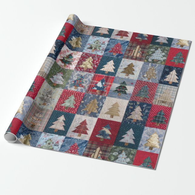 Papel De Presente Padrão Festivo de Árvore de Natal em Patchwork (4) (Desenrolado)