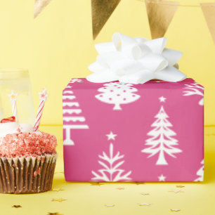 Papel De Presente Padrão Festivo de Árvore de Natal Rosa e Branco