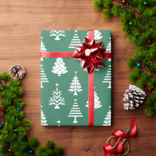 Papel De Presente Padrão Festivo de Árvore de Natal Verde e Branco