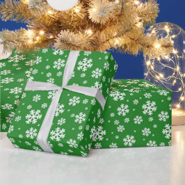 Papel De Presente Padrão Festivo de Flocos de Neve de Inverno Verde 