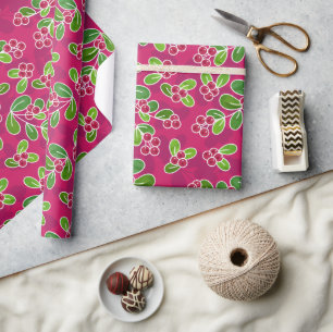 Papel De Presente Padrão Festivo De Folhagem De Morango, Fuchsia