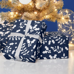 Papel De Presente Padrão Festivo de Natal de Azevinho Azul Marinho e