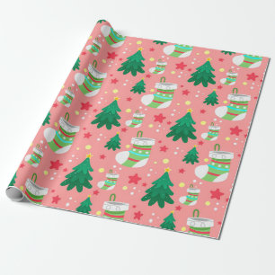 Papel De Presente Padrão Festivo de Natal de Estrelas Meias Árvores