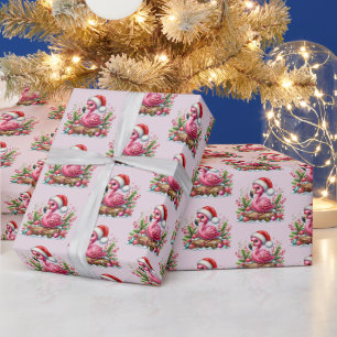 Papel De Presente Padrão festivo de película rosa-do-Natal flamingo