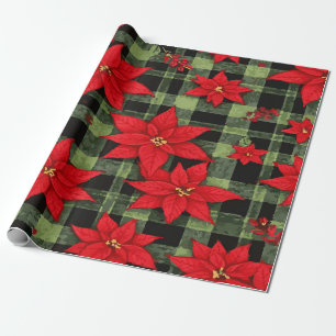 Papel De Presente Padrão Festivo de Poinsettia em Xadrez Verde Cláss
