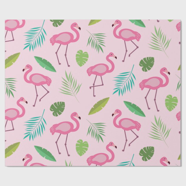 Papel De Presente Padrão Flamingo rosa com folhas tropicais (Aberto)