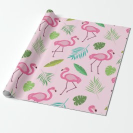 Papel De Presente Padrão Flamingo rosa com folhas tropicais